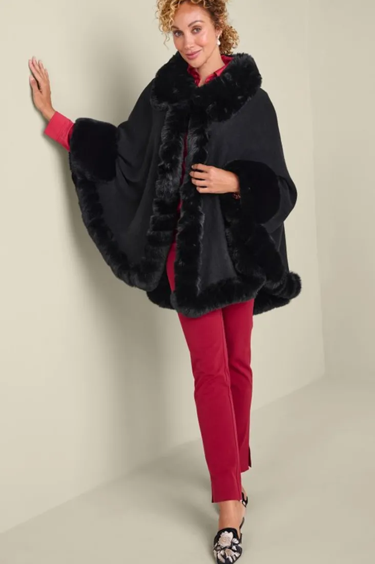 Best Soft Surroundings Mila Faux Fur Trim Cape Black