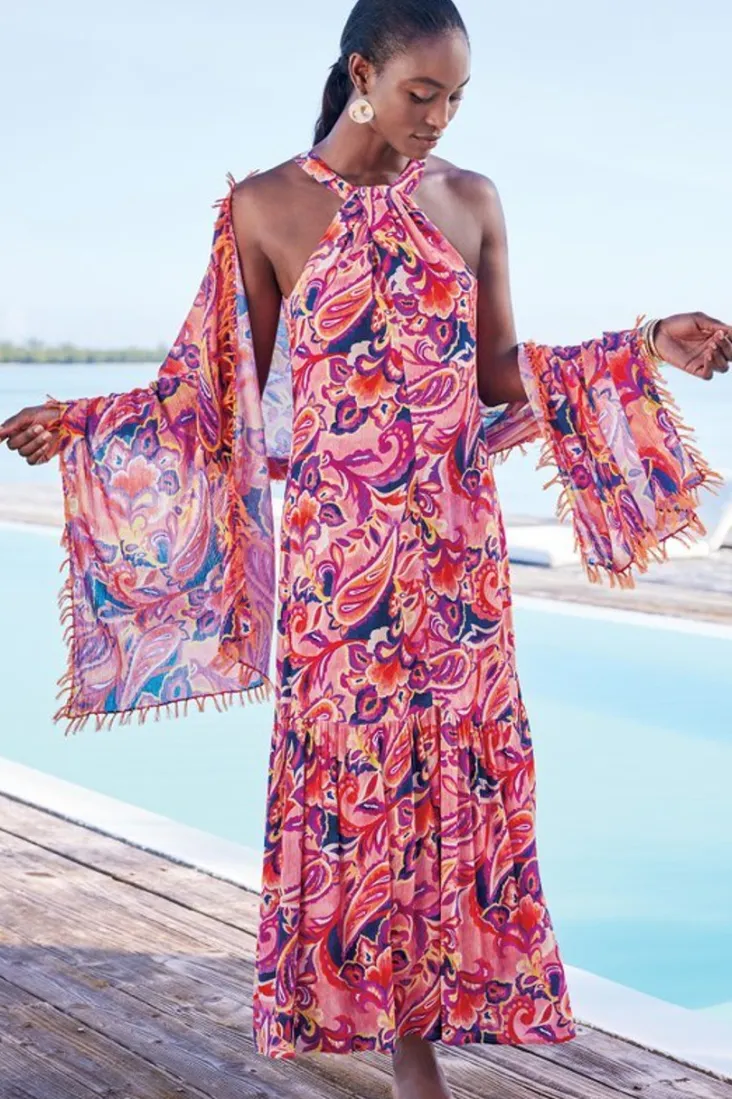 Clearance Soft Surroundings Nalani Gauze Maxi Dress IslandSunPaisleyCoral