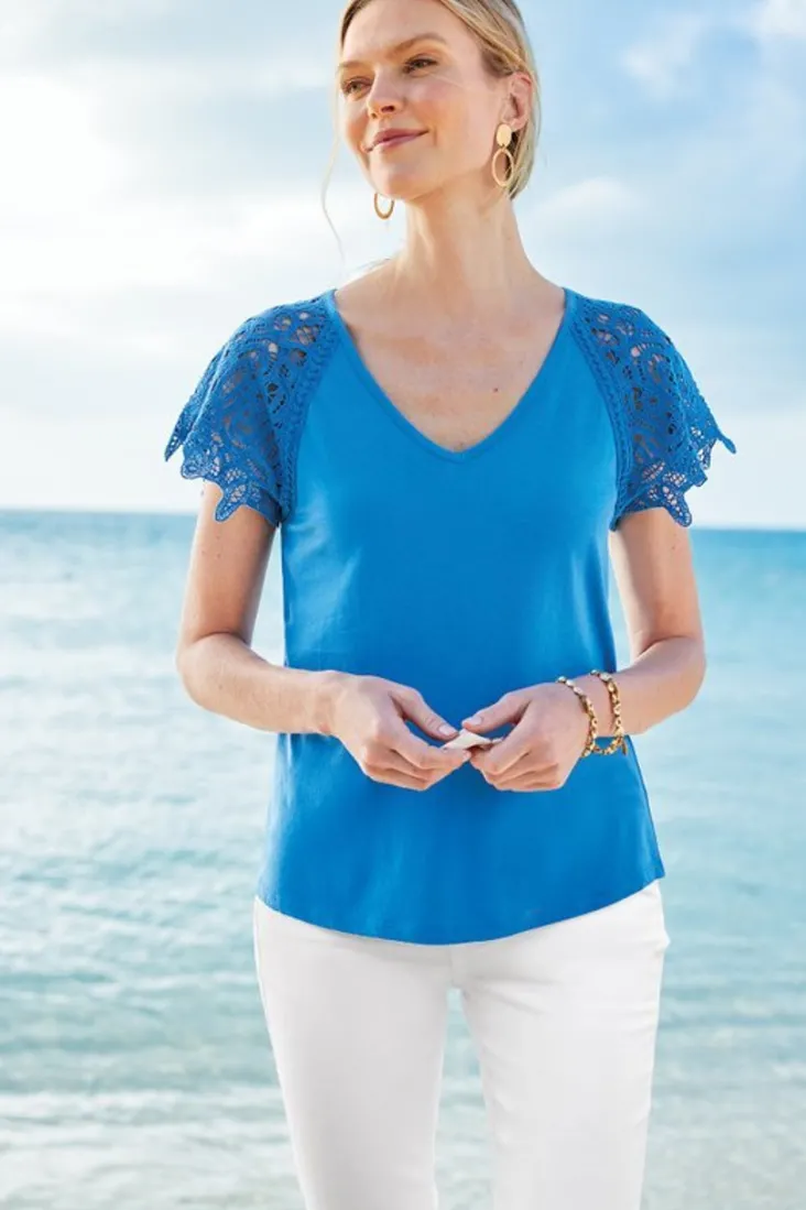 Soft Surroundings Nikita Lace Sleeve Tee FrenchBlue