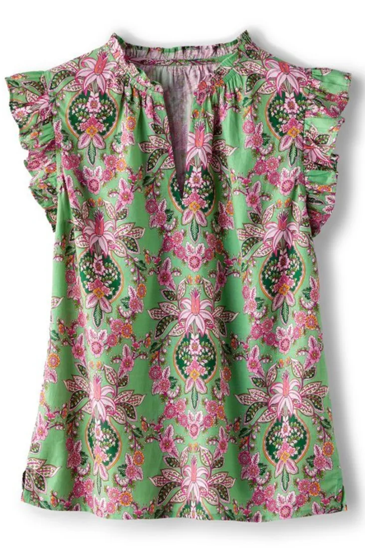 Discount Soft Surroundings Paige Linen Blend Top TropicalDamaskMedallion