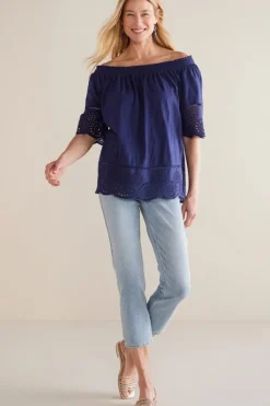 Hot Soft Surroundings Rahma Eyelet Trimmed Tee Navy