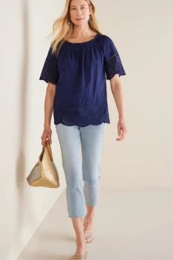 Hot Soft Surroundings Rahma Eyelet Trimmed Tee Navy