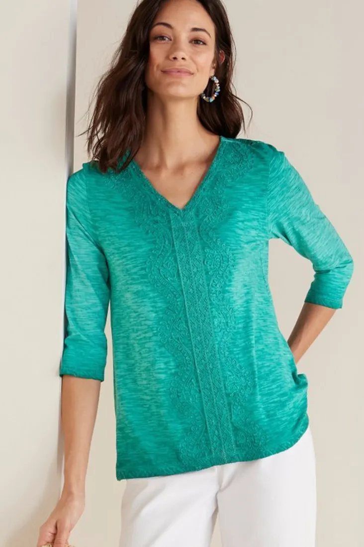 Outlet Soft Surroundings Trevi Lace Top JewelGreen
