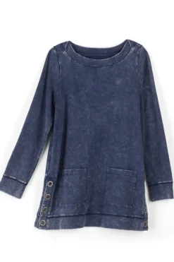 New Soft Surroundings Washed Make It Snappy Pullover DenimBlue