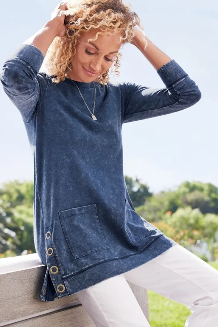 New Soft Surroundings Washed Make It Snappy Pullover DenimBlue
