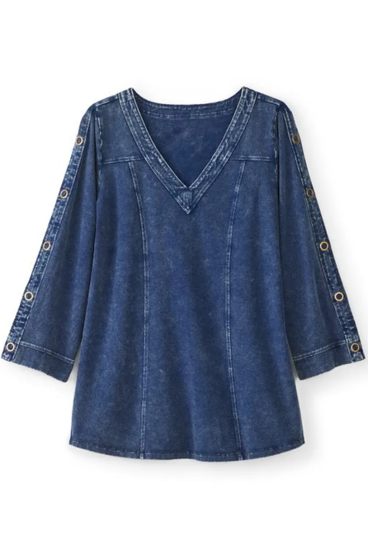 New Soft Surroundings Wilma Washed Knit Denim Tunic DenimBlue